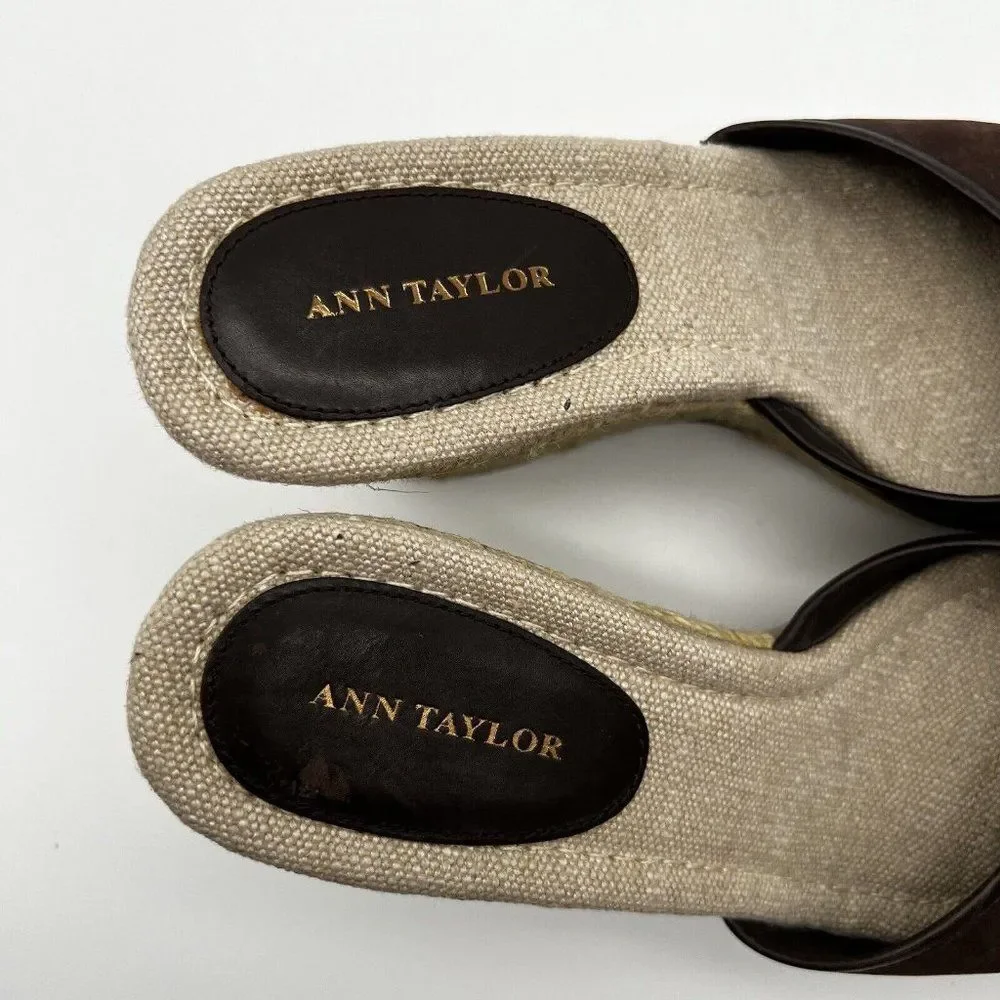 Ann Taylor Brown Suede Slip On Open Toe Jute Wrapped Wedge Platform Heels Size 8